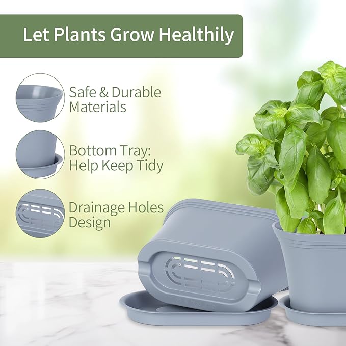 Oliz Windowsill Herb Garden Planter with Tray, Set of 6 Grey Oval Farmhouse Garden Pots for Indoor/Outdoor Plants (No Seeds)