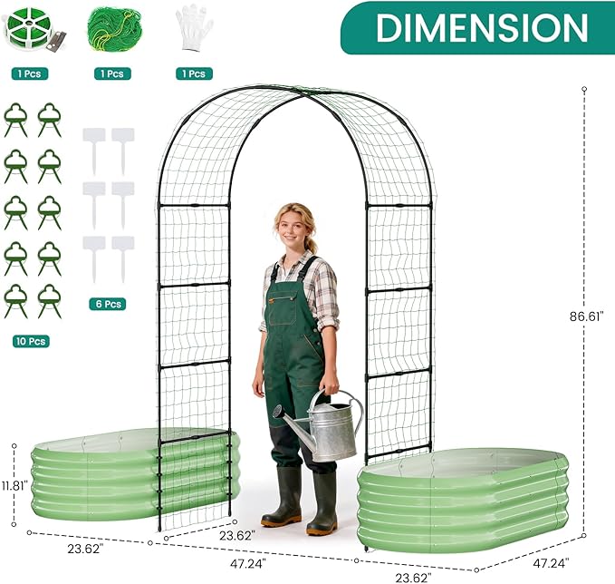 DoCred 3 in 1 Galvanized Raised Garden Bed, 2Pcs Garden Planter Box with 87" H Trellis for Climbing Plants, Outdoor Gardening Raised Beds with Climbing Net for Fruits, Vegetables, Flower (Green)