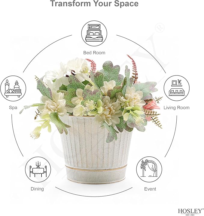 Hosley Metal Planters 7" Dia x 6" H Ideal Farmhouse Decor for Floral Arrangements Weddings, Gift Special Events Parties Outdoor Planters White wash