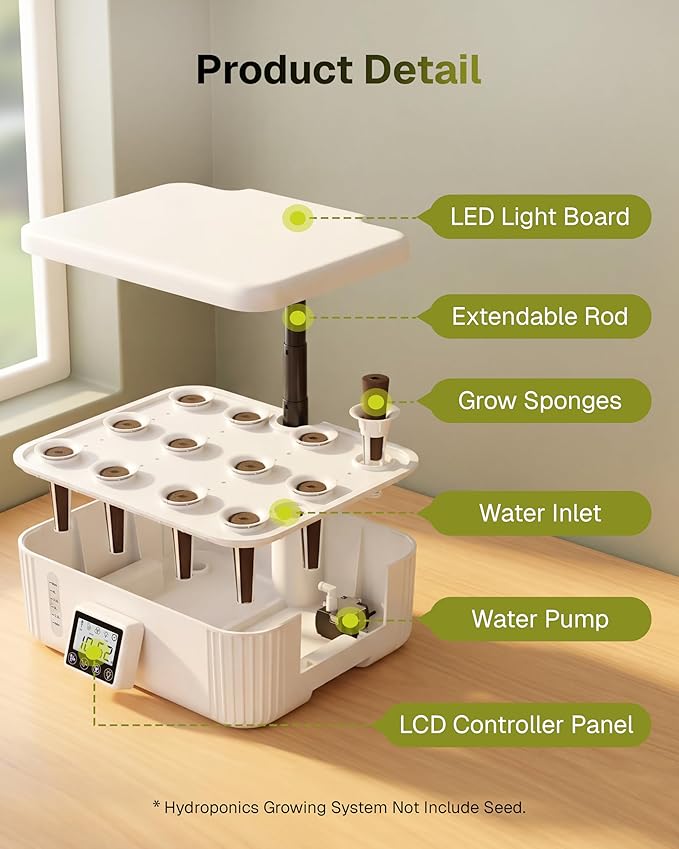 HBN Indoor Garden Hydroponics Growing System, 12 Pods Plant Germination Kit with LED Grow Light, LCD Touch Panel Quiet Automatic Hydroponic Height Adjustable - Grower Harvest Vegetable Lettuce