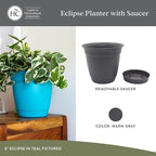 The HC Companies 12 Inch Eclipse Round Planter Pots with Drainage Holes & Attached Saucer, Lightweight UV-Resistant Plastic Indoor & Outdoor Planters, 2-Pack Flower Pots, Garden Home Decor, Warm Gray