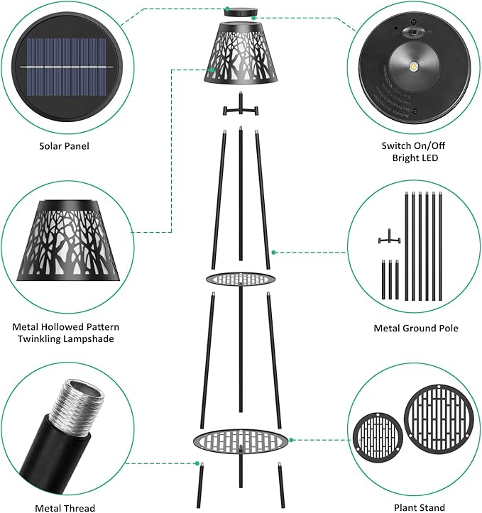 2 Pack Solar Floor Lamps Outdoor with 2-Tier Plant Stand, Metal Tall Planter Holder with Waterproof LED Lantern, Decorative Patio Light & Flower Pot Display Rack for Garden, Deck, Porch, Balcony