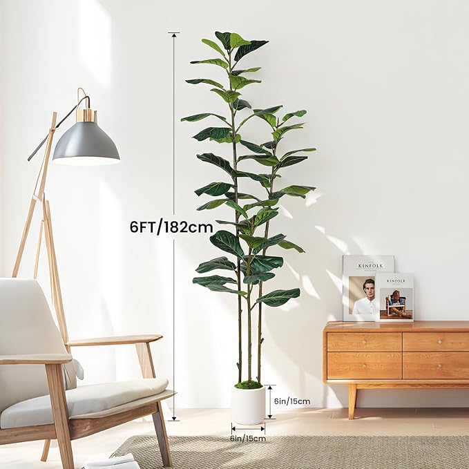 Alupssuc 6FT Artificial Fiddle Leaf Fig Tree with White Planter Pot, 6 feet Tall Fake Tree for Home Decor, Faux Ficus Tree Fake Moss for Indoor Outdoor Office Living Room