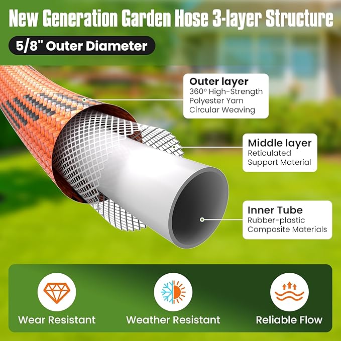 Flexible Garden Hose 100 ft, Non-Expanding Lightweight Water Hose, with 10 Pattern Sprayer, All Weather, Durable, Kink and Abrasion-Resistant, Leak-Free, Orange