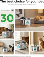 Voluas Stainless Steel Wireless Cat Water Fountain: 3.2L/108oz 3-Modes Pet Drinking Fountain Indoor Cordless Motion Sensor with Pet Water Dispenser Bowl with Water Level Window, BPA-Free, 4Filter