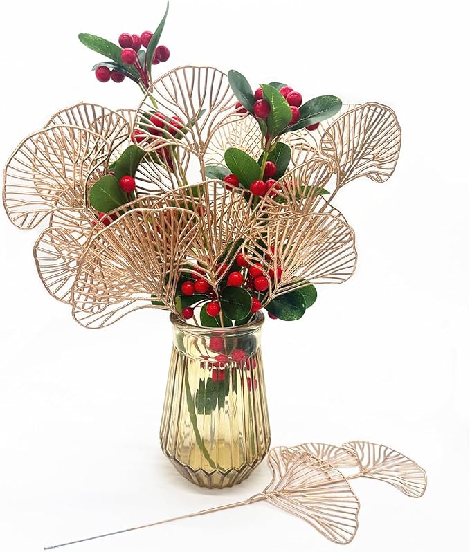 Golden Ginkgo Leaves Stems Christmas Decoration, Artificial Plants Fake Plastic Simulation Apricot Leaf Grass for Wedding Party Indoor Home Office DIY Crafts Flowers Bouquet Xmas Gold Decor - 12 Pack