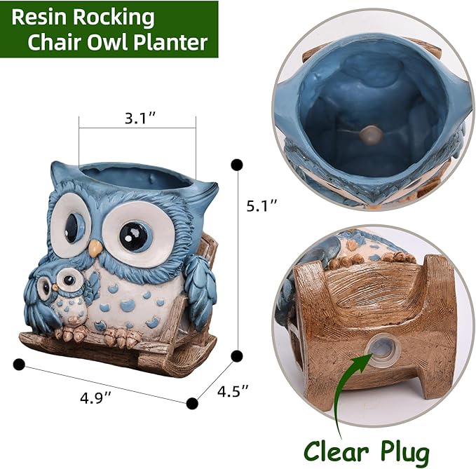Saysmile Unique Owl Plant Pots Indoor, Cute Small Succulent Pots with Drainage Hole, Rocking Chair Planters for Outdoor Indoor Plants, Resin Flower Pot for String of Pearls, Gift Ideas for Mother