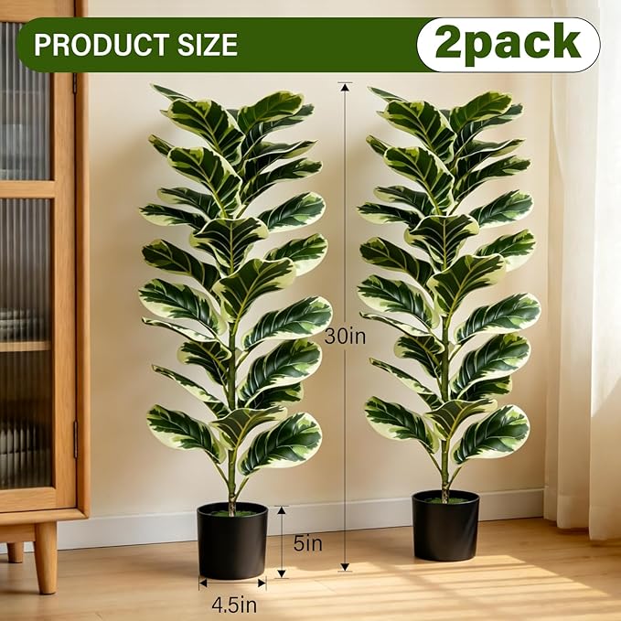 Set of 2 Fiddle Leaf Fig Tree 40'' Fake Tree Plants Artificial Decor with Green Artificial Turf Artificial Indoor Plants Small Fake Plants for Office Bathroom Bedroom Living Room(Variegated)
