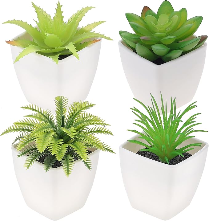4 Pack Small Fake Plants Artificial Succulent Plants Assorted Fake Mini Succulents Plastic Plant Faux Potted Set for Home Decor Greenery Bathroom Shelf Room Indoor