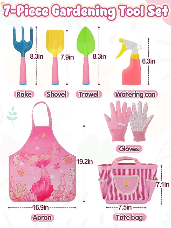 Kids Gardening Tool Set - Garden Tools for Kids with Shovel Trowel Rake Apron Gloves Watering Can and Tote Bag, Outdoor Toys Great Gifts for 3 4 5 6 7 8+ Years Old Girls (Upward Mermaid Tail)