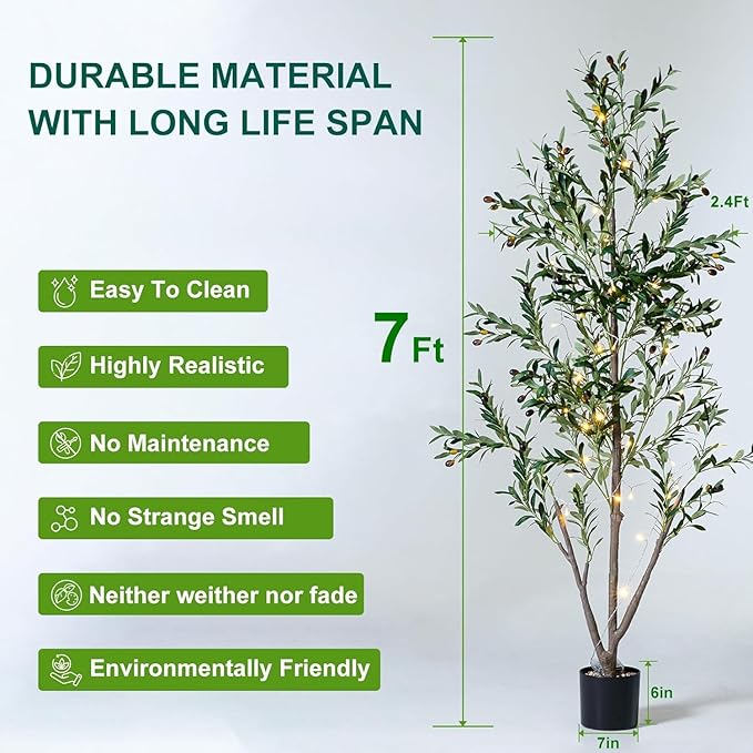 Olive Trees Artificial Indoor, 7FT Tall Faux Olive Tree with Light Kit Moss and Planter, Faux Plants Indoor with Natural Wood Trunk and Lifelike Fruits, Fake Tree for Home Office Living Room Decor