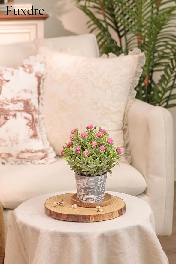 2 Pack Small Desk Plants, Artificial Bathroom Plants Decor with Flower in Vintage Melamine Pots, Faux Plants Indoor for Shelf Decor in Home Office, and Spring Decor (Fuchsia)
