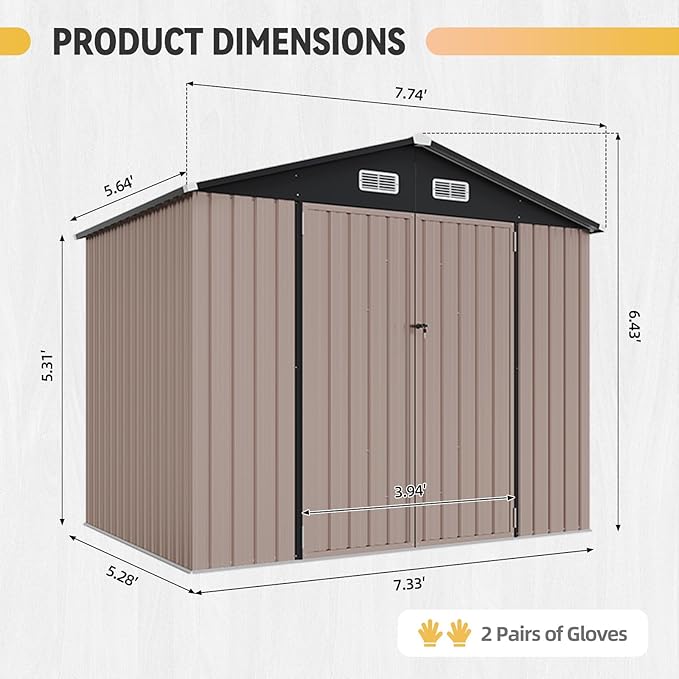 Aoxun 8x6FT Shed with Floor Galvanized Steel Outdoor Storage Shed Metal Garden Shed with Double Doors, Moisture-Proof Floor & Ventilation, Sloped Roof for Bike/Generator/Tool Storage (Brown)