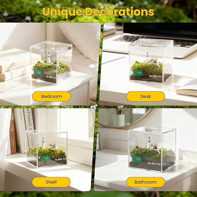 DIY Moss Terrarium Kit, 4 * 4 * 4 inch Acrylic Cube Mini Garden with Live Star Moss, Soil, Pure Mind-Craft Kit for Adults and Teens, Relaxing Desk Decor & Unique Gift for Home or Office