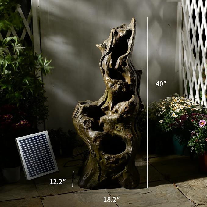 Sunlinua Solar Water Fountain Outdoor 5-Tiers Large Cascading Realistic Tree Trunk Natural Waterfall Outdoor Fountains Resin Imitation Wood with LED Lights for Garden, Patio, Porch