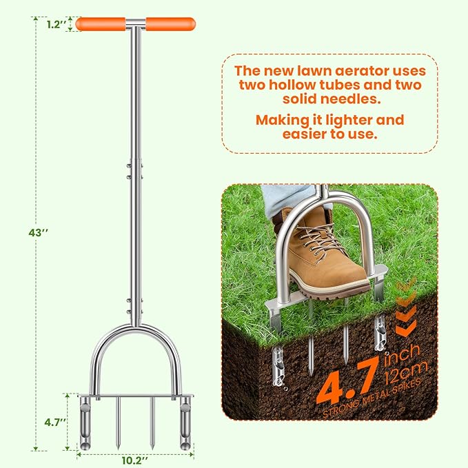 Manual Core Aerator Lawn Tool -2 Half-Open Hollow Slot Tines and 2 Spike Heavy Duty Grass Aeration Tool，Semi-Assembled Lawn Aerator for Lawn、Yard Plug Aerator for Lawn Care Compacted Soil-Orange