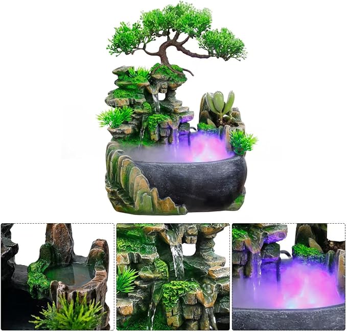 11-Inch Tabletop LED Waterfall Fountain with Atomizer – Quiet Resin Rockery Mist Humidifier for Bedroom, Office, Meditation or Gift Décor