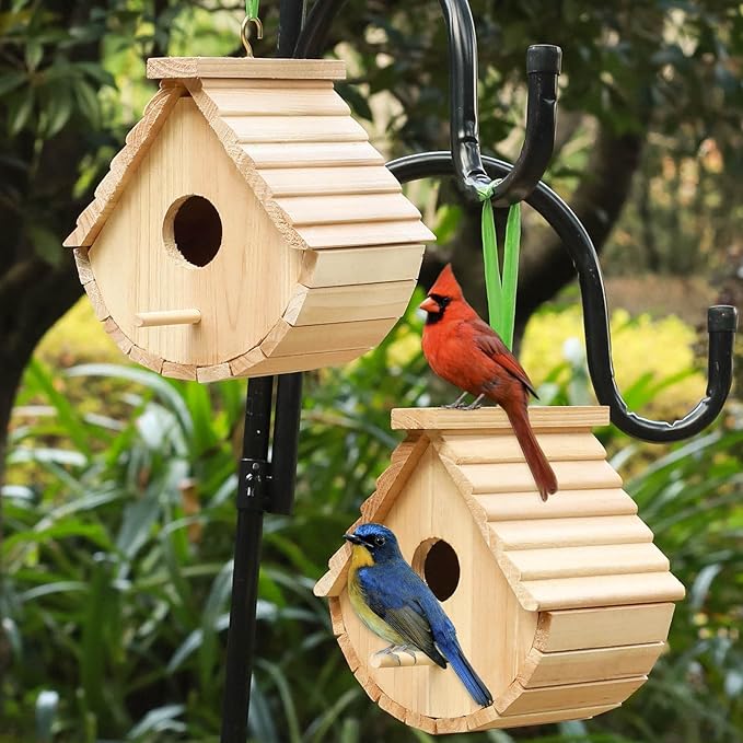 2 Pack Bird House Outside Wooden Birdhouse Set of 2, Hanging Birdhouses for Outdoor, Bluebird, Finch, Cardinals House (2Pcs)