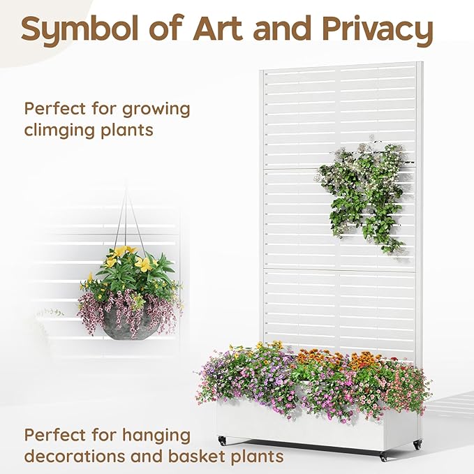 Metal Planter Box with Trellis,72"x35"x15",Galvanized Raised Garden Bed Trellis Outdoor Planter with Privacy Screen & Wheels and Drainage Holes,for Patio Climbing Vegetables,Flowers,Vines,White