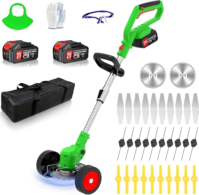 Cordless Electric Weed Wacker Eater 21V Battery Powered Stringless Weed Trimmer with 4 Types Blades & Wheels, 3-in-1 Grass Trimmer/Lawn Edger/Brush Cutter, Lightweight Garden Tool for Garden Yard