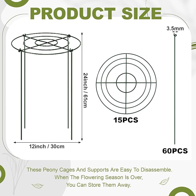 Geelin 15 Pack Peony Cages and Supports 12'' Dx 24'' H Grow Through Metal Plant Supports Frame Rings Hoops for Outdoor Plants Peony Flowers Tomato Rose(Green)