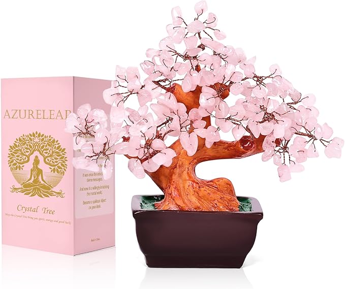 Feng Shui Natural Rose Pink Quartz Crystal Money Tree Bonsai Style Decoration for Wealth and Luck (Pink)