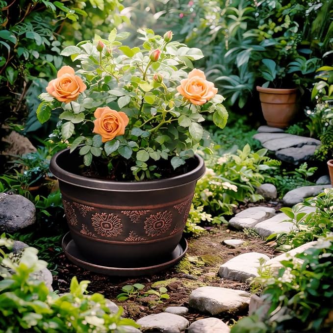 Usocik 6 Pack 8 inch Plant Pots, Retro Pattern Planters with Drainage Holes and Saucer, Sturdy Plastic Garden Flower Pots for Indoor & Outdoor Plants