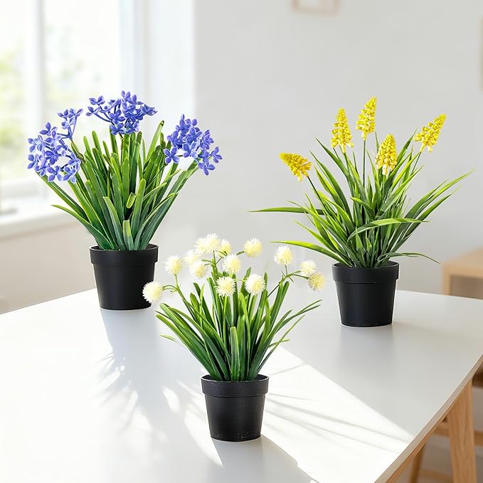 3 Pack Fake Small Plant Artificial Potted Flowers for Home Decor Fake Flower Plant Greenery Mini Faux Plant for Indoor Bedroom Living Room Office Shelf Bathroom Farmhouse Decor (Type 7)