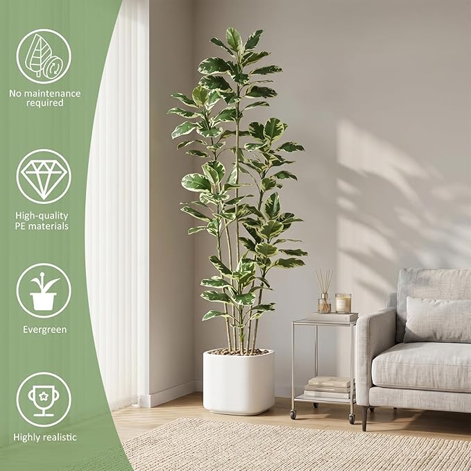 Artificial Rubber Tree 7FT, Tall Fake Plants in White Planter, Faux Plants Indoor Large Floor Silk Rubber Plant in Pot, Tropical Artificial Trees for House Home Office Room Outdoor Decor