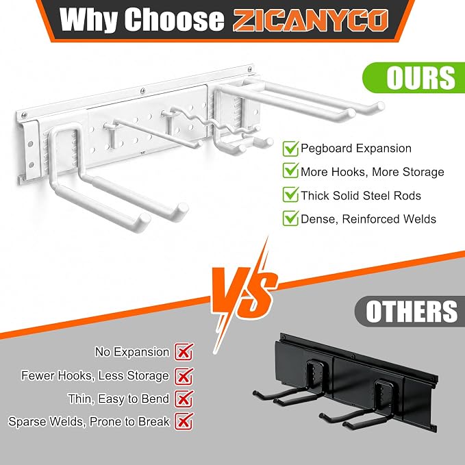 Garage Tool Organizer Wall Mount 99 inches with 18 Adjustable Heavy-Duty Hooks, Garage Organization, Garden Tool Storage Rack for Garage,Yard,Shed,Holds Up to 750 lbs,White
