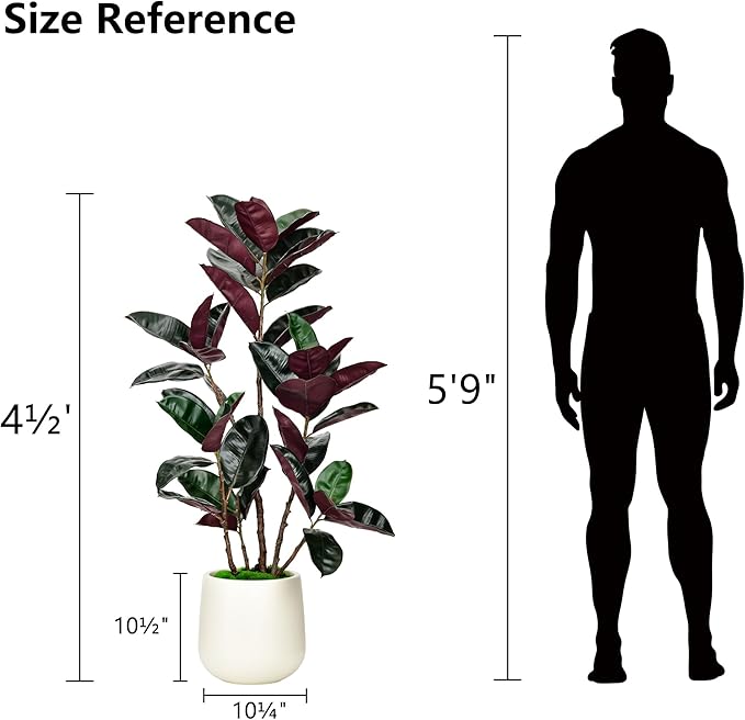4.5FT Artificial Rubber Tree - 54.5 Inch Tall Fake Plant Indoor Faux Tree with Bendable Branches & Realistic Leaves, Faux Floor Plant for Home Office Decor in White Pot