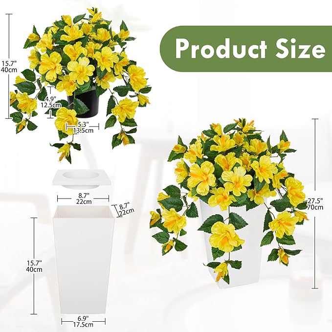Briful 27.5" Artificial Hibiscus Plant in Tall White Planter, Large Faux Tropical Flower Arrangement for Front Door Porch Patio Balcony Outdoor Indoor Decor, UV Resistant Fake Yellow Hibiscus Tree