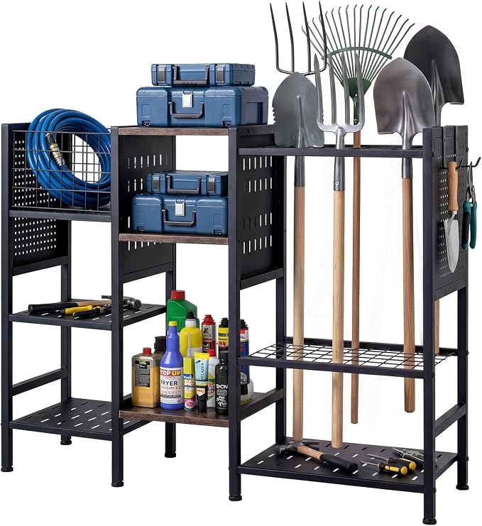 Goplus Garden Tool Organizer with Wooden Shelves, 40” Wide 3-Tier Yard Freestanding Storage Rack Holds up to 66 Long Handled Shovels, Rakes & Brooms, Heavy-Duty Tool Holder for Garage, Shed & Lawn