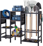 Goplus Garden Tool Organizer with Wooden Shelves, 40” Wide 3-Tier Yard Freestanding Storage Rack Holds up to 66 Long Handled Shovels, Rakes & Brooms, Heavy-Duty Tool Holder for Garage, Shed & Lawn