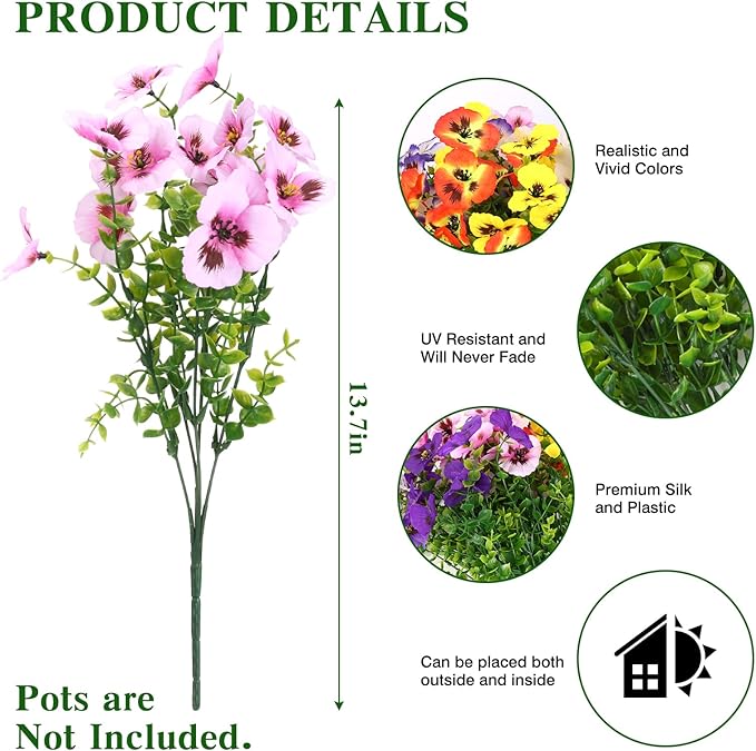CEWOR 24 Bundles Artificial Flowers for Outdoor Indoor, Fake Silk Pansy with Eucalyptus Leaves, Faux Flower for Garden Front Door Porch Planter Patio Home Decor (Yellow White Purple Pink Orange Blue)