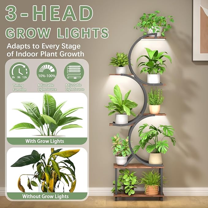 REFGY Plant Stand Indoor with Grow Lights, 65 inch Tall Plant Shelf for Multiple Plants, 7 Tiered Metal Plant Stands Indoor, for Living Room, Corners Patio Balcony or Office (Rustic Brown)
