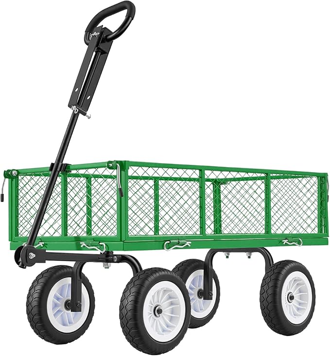 VEVOR 900 LBS Steel Garden Cart, 2 in 1 Handle, Heavy Duty Pullable Garden Wagon with 10" Flat-Free Tires, Outdoor Utility Yard Wagon Cart with Detachable Side Panels, Attach to ATV or Tractor
