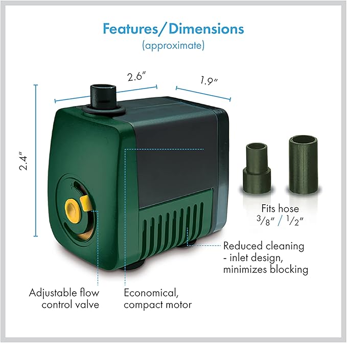Pennington Aquagarden Aquagarden, Universal Hydroponic & Aquaponic Water Pump, Designed to Run Hydro/Aquaponic Systems, Aquariums, Fountains, Water Features, Max Flow 158 gal/hr, Max Pump Height 5’4”