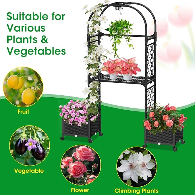 Planter Box with Trellis,5.9ft/71in Self Watering Raised Garden Bed with Wheels and Storage Shelf,Drainage Holes,for Flower Rattan Vines Plant Climbing Tomato Vegetable Indoor Outdoor Garden Patio