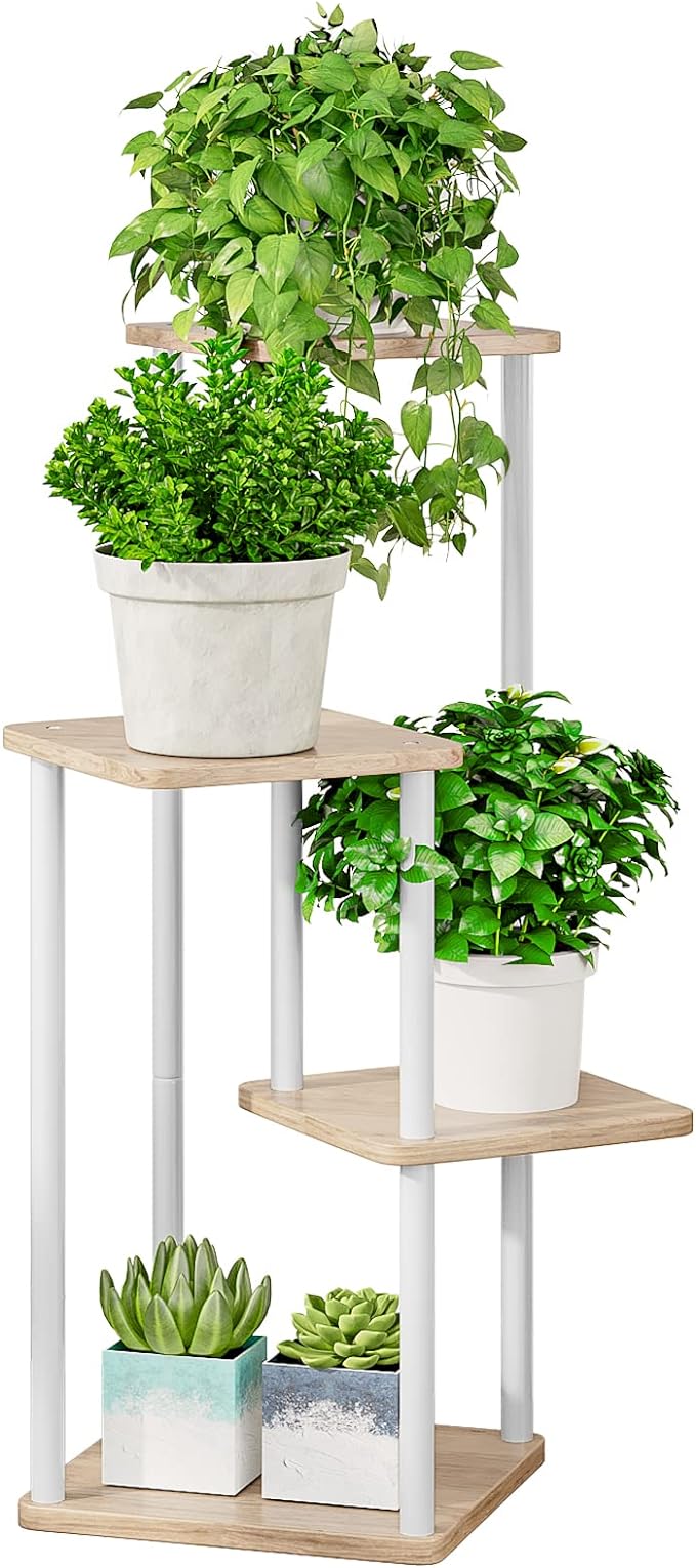 AZERPIAN Plant Stand 4 Tier Indoor Metal Flower Shelf for Multiple Plants Corner Tall Flower Holders for Patio Garden Living Room Balcony Bedroom, Black (4 Tier-White)