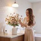Alupssuc 32PCS Faux Silk Pompon Mums Artificial Flowers with Eucalyptus, Fake Chrysanthemum Floral for DIY Vase Arrangement, Long Stem Dining Table Centerpiece Home Decor, Beige