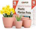 Planter Pots with Drainage Holes - Lightweight, Durable, and Space-Saving Pots for Indoor and Outdoor - Versatile Functionality, Simple Modern Design, Set of 15 Plastic Planter Pots - Pink
