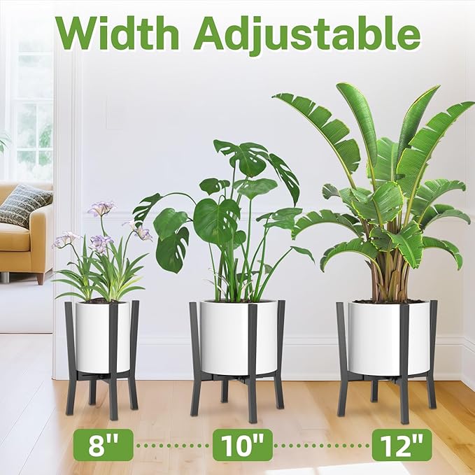 iDavosic.ly Adjustable Plant Pot Stand Indoor Outdoor, Metal Short Single Flower Holder Fits 8 to 12 Inch Large Heavy Duty Planter (Not Included) | Modern Black