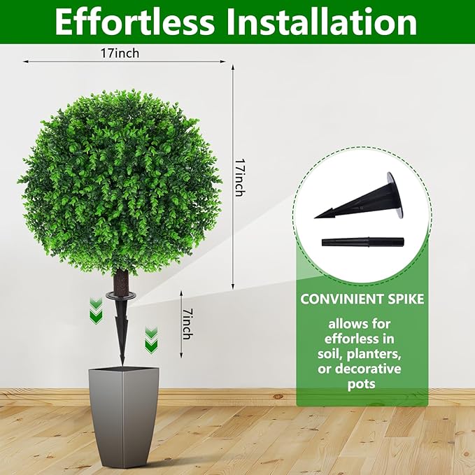 Yangrass Artificial Eucalyptus Topiary Ball Trees with Ground Spike, Set of 2 UV Resistant Artificial Shrubs, Fake Evergreen Artificial Plant Bushes for Indoor Outdoor Front Porch Garden