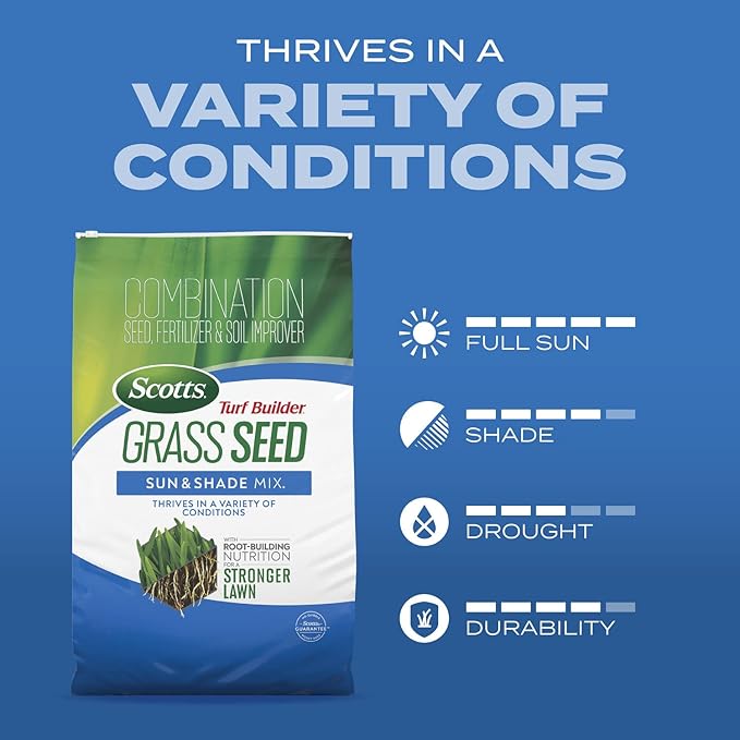 Scotts Turf Builder Grass Seed Sun and Shade Mix - Grass Seed Plus Lawn Fertilizer and Soil Improver, Covers Up To 2,240 sq. ft., 5.6 lb.
