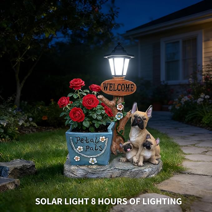 Animal Outdoor Statue Planter Solar Light Welcome Garden Sculpture Resin Flower Pot Decorative Porch Patio Yard Lawn Entryway Figurine with LED Lamp Rustic Plant Holder Ornament Courtyard (J)