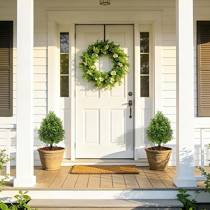 Bdor 22" Artificial Boxwood Topiary Ball Trees, Outdoor Artificial Plant Set of 2 with Ground Stakes, UV Resistant Simulated Evergreen Fake Shrub for Indoor/Outdoor Lawns, Garden Decor