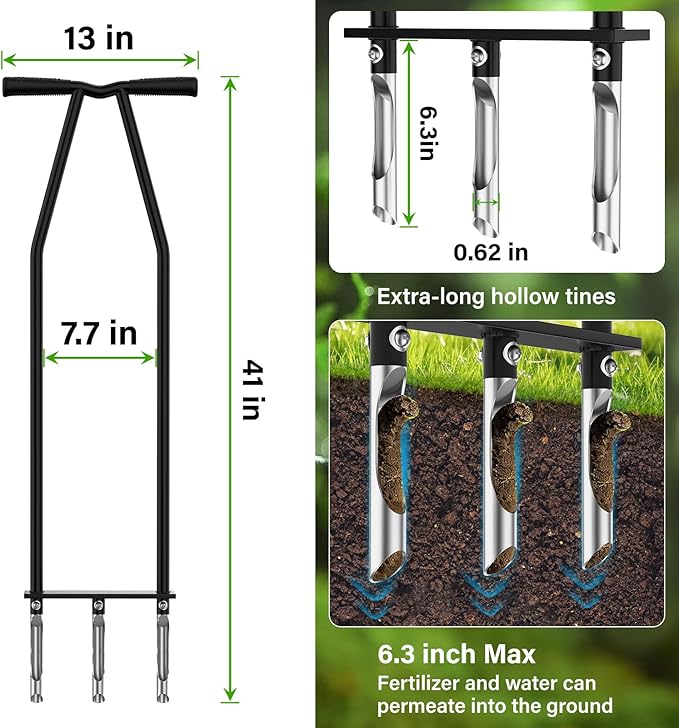 VASALAID Lawn Aerator Tool, Manual Core Lawn Aerator with 3 Stainless Steel Hollow Tines, Heavy Duty Grass Aerating Tool for Compacted Soil & Lawn Care