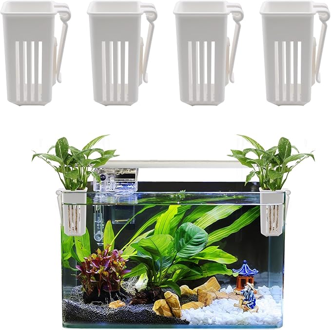 4 PCS Aquarium Plant Holder, White Wall Mounted Basket for Fish Tank Aquaponic Plant Cultivation and Landscape Decoration, 1.97 x 1.77 x 3.74 Inch