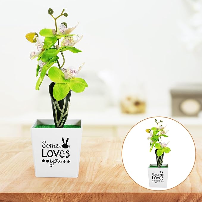 Artificial Moth Orchid Potted Plant Green Plastic Desktop Faux Flower Simulation Home Décor Tabletop Artificial Potted Flower for Living Room Office